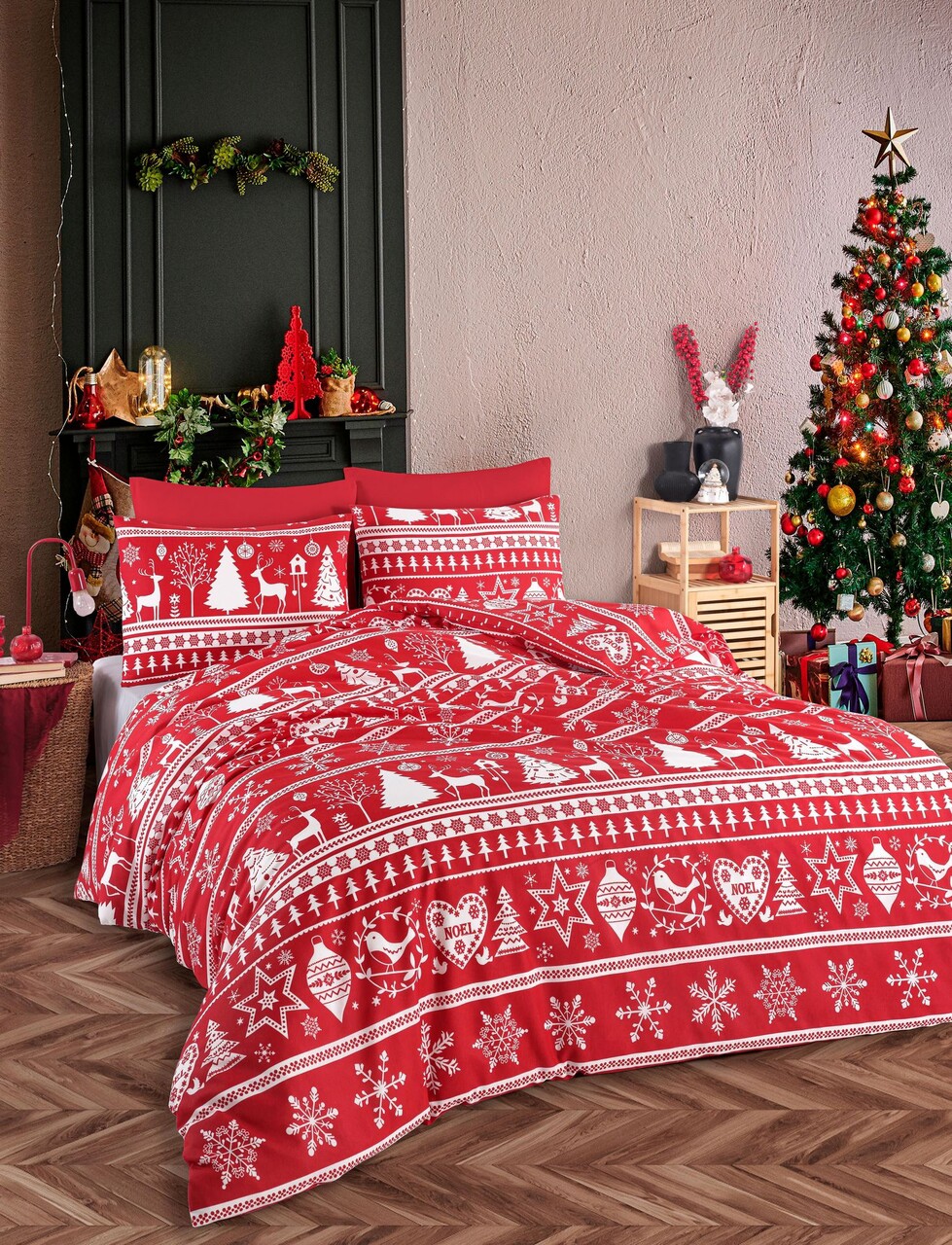 Set cuvertura matlasata dubla King (FR), 3 piese, L'essentiel Maison, Snowmas, Roșu Claret / Alb - imagine 5